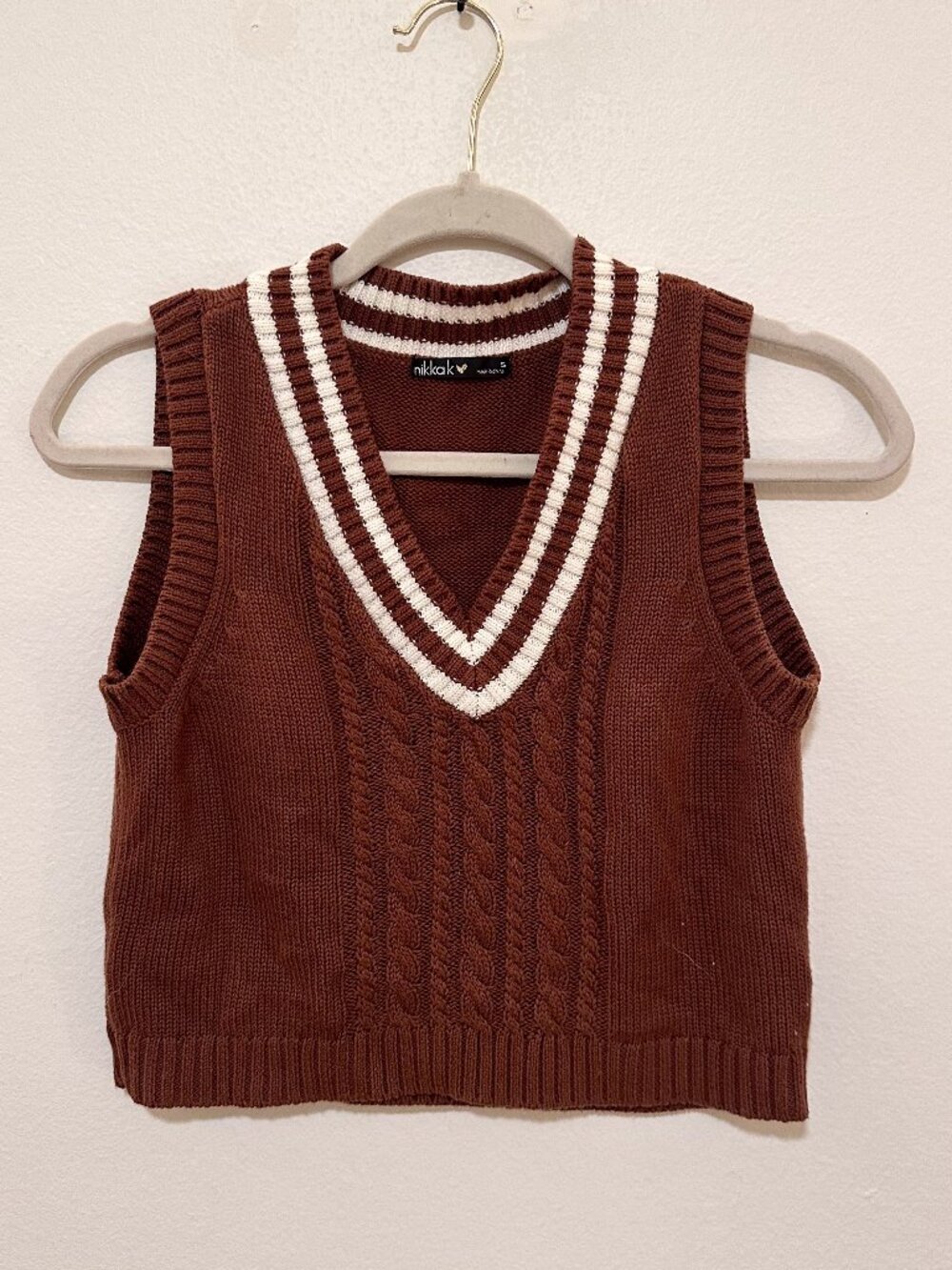 Brown Cable-Knit Varsity Vest - Size Small